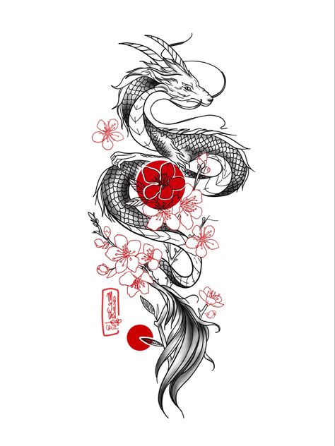 Half Sleeve Tattoo Upper Arm, Red Dragon Tattoo, Sakura Tattoo, Dragon Tattoo Art, Chinese Dragon Tattoos, Feminine Tattoo Sleeves, Cute Tats, Dragon Tattoo For Women, Dragon Tattoo Designs