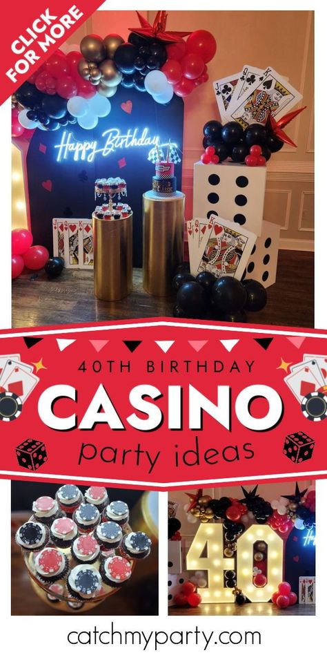 Glam Casino Theme Party, Casino Themed 50th Birthday Party, Diy Casino Theme Party Decorations, 90th Birthday Casino Theme, Blackjack Party Ideas, Vegas Themed 40th Birthday Party, 40th Birthday Ideas For Men Party Themes Casino Night, Vegas Party Theme Decoration, Casino Royale Party Decorations