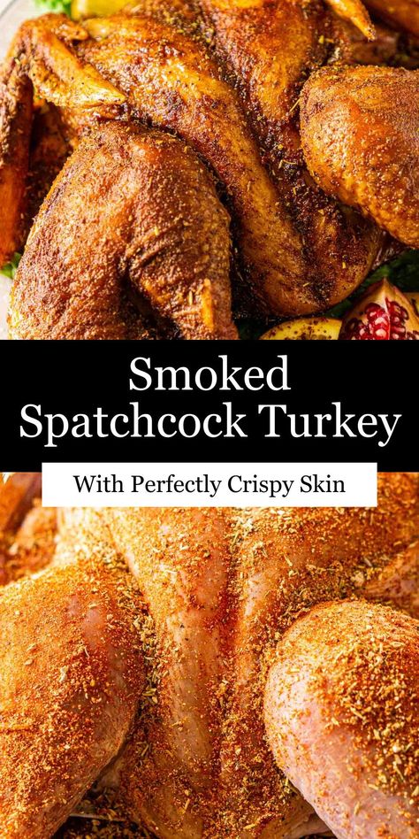 Make your next holiday meal one to remember and serve this succulent, crispy smoked spatchcock turkey! This turkey is coated with a flavorful dry rub and then smoked low and slow to infuse the perfect kiss of smoke into wonderfully tender, moist meat. The whole family is sure to fall in love with this smoked turkey. Smoked Spatchcock Turkey, Smoked Whole Turkey, Spatchcock Turkey, Smoked Turkey Recipes, Perfect Kiss, Traeger Recipes, Pellet Grill Recipes, Whole Turkey, Fall Comfort Food