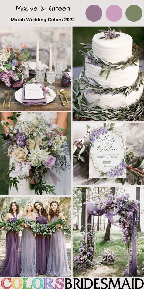 Top 8 March Wedding Color Combos for 2022 - ColorsBridesmaid March Wedding Colors, Lilac Wedding Themes, Lavender Wedding Colors, Lavender Wedding Theme, Sage Green Wedding Colors, Wedding Theme Color Schemes, Purple And Green Wedding, Wedding Color Palettes, Wedding Color Combos