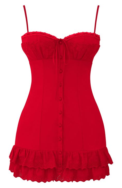 Channel your fiesty side in this vintage-inspired dress with delicate embroidery details along soft ruffles and fabric-covered buttons down the front. Exclusive retailer Sweetheart neck Adjustable straps Lined 65% cotton, 32% nylon, 3% elastane Dry clean Imported Cherry Corset, Blended Cocktail, House Of Cb, Most Romantic, Stretch Dress, Inspired Dress, Corset Dress, Girls Night Out, Red Rose