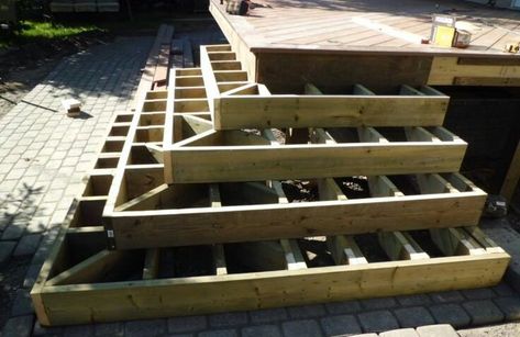 Wrap Around Steps - Decks & Fencing ... Deck Stair Stringer, Corner Deck, Deck Building Plans, Stairs Stringer, Deck Framing, Patio Steps, Deck Steps, Patio Deck Designs, Deck Designs Backyard