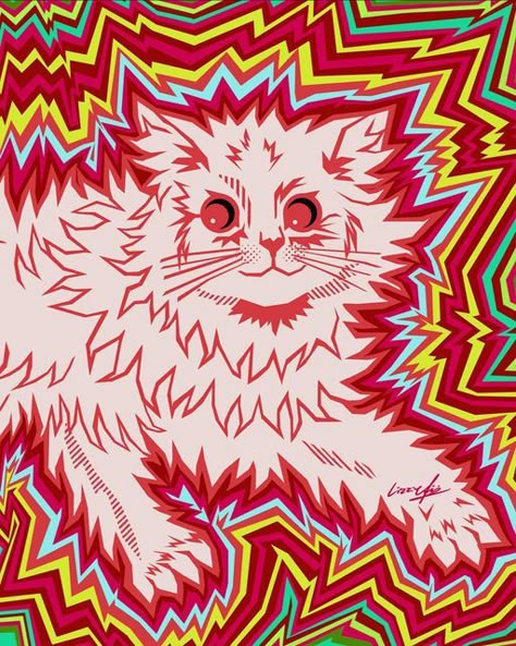 Neon Illustration Art, Louis Wain Art, Trippy Cat Art, Funky Poster Design, Cool Cat Drawing, Cute Cats Drawing, Funky Drawing, Pop Art Ideas, Illustration Art Vintage