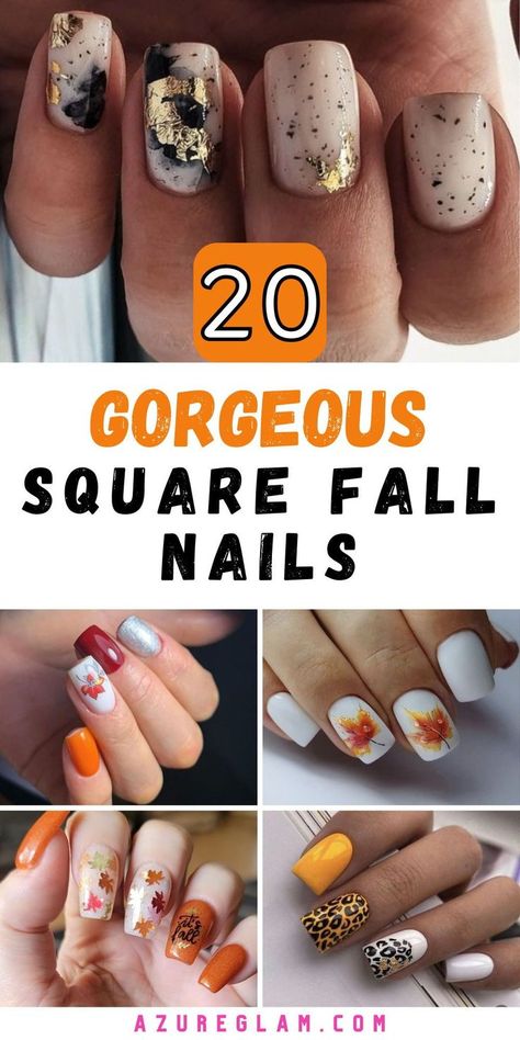 Short Nail Designs Autumn 2024, Square October Nails, Medium Length Square Nails Acrylic Fall Designs, Short Square Fall Nail Designs, Fall French Tips Square, Fall Gel Nails Ideas Autumn, Square Fall Nails Acrylic, Fall Acrylic Nails Square, Fall Nails Ideas Autumn Square