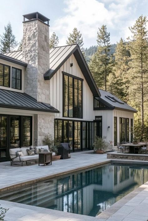 Cashmere&Pearls Lifestyle White Chalet House Exterior, Types Of Modern Houses, White Black Barndominium, Modern Farmhouse Chimney Exterior, Master Bath Mountain Home, Modern Roof Lines Design, Barndominium With Stone Exterior, New Home Build Exterior Ideas, White House With Gray Stone