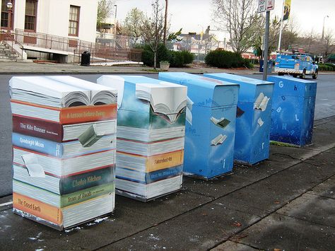 Book Drop Box Art @ Main Library - 0038 by Hayward Public Library, via Flickr Library Book Drop, Drop Box Ideas, Library Signage, Paint Book, Storybook Theme, Library Book Displays, High School Library, Drop Box, Library Displays