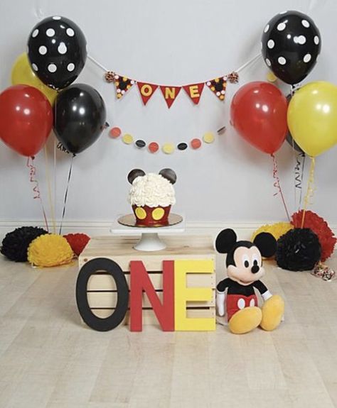 Mickey Mouse Photoshoot 1st Birthdays, Mickey Mouse First Birthday Pictures, Mickey Mouse Cake Smash Photography, Mickey Mouse Photo Shoot Ideas, Mickey Mouse Cake Smash, Mickey Mouse Birthday Theme, Baby Boy Birthday Themes, Mickey 1st Birthdays, Mickey Mouse Themed Birthday Party