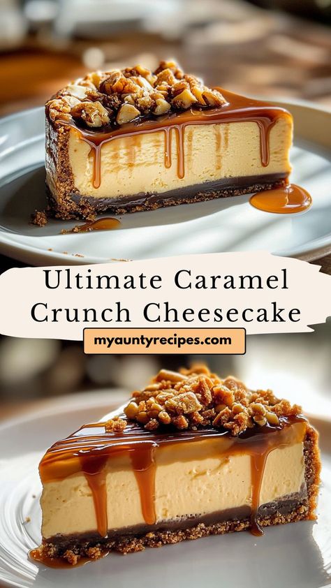 Indulge in this Ultimate Caramel Crunch Cheesecake Delight that marries rich cream cheese with a buttery caramel sauce, topped with crunchy bits for a texture explosion. Perfect for celebrations or a sweet treat at home! Caramel Toffee Crunch Cheesecake, Carmel Cheesecake, Fruit Gelatin, Mini No Bake Cheesecake, Cheesecake Delight, Caramel Cheesecake Recipes, Crunch Cheesecake, Shake And Bake, Recipes Cheesecake