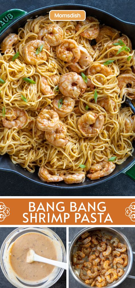 This Bang Bang shrimp pasta features juicy shrimp and angel hair pasta tossed in a sweet, spicy, and creamy sauce. It's absolutely divine and ready in under 30 minutes! Shrimp Angel Hair Pasta Recipes, Shrimp And Angel Hair Pasta, Shrimp Angel Hair Pasta, Bang Bang Shrimp Pasta, Angel Hair Pasta Recipes, Shrimp Fettuccine Alfredo, Fettuccine Alfredo Recipes, Bang Bang Shrimp, Creamy Pasta Recipes