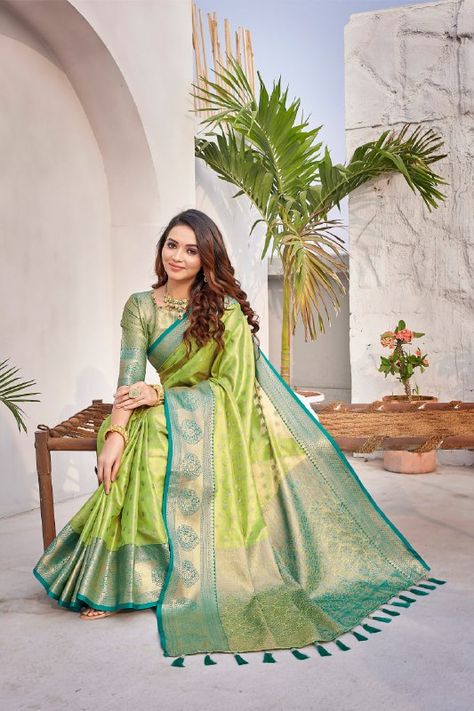 RHO K-10 SINGLES AVAILABLE LATEST LAUNCH OF ZARNA SILK WITH FINNEST WEAVING AND LOVELY TEXTURE OF JARI WEAVING FABRICS:- ZARNA SILK LEANTH:- 6.30 MTR(INCLUDING 0.80 BLOUSE) HEAVY RICH PALLU WITH HEAVY LOOK WEAVING OF ZARI UNSTICHED HEAVY SELF JEQURED WEAVED BLOUSE Parrot Green Silk Saree, Green And Blue Saree, Parrot Green Saree, Women's Party Wear, Engagement Saree, Fashionable Saree, Simple Saree Designs, Parrot Green, Fashionable Saree Blouse Designs