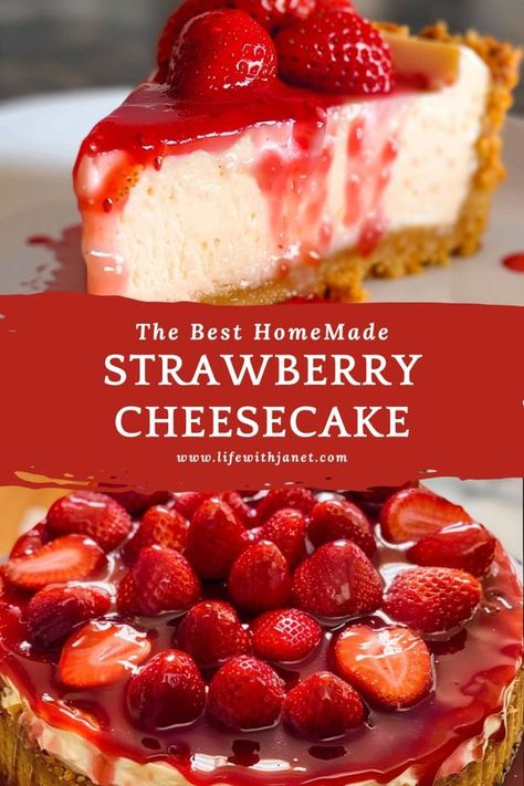 Indulge in the creamy richness of this luscious Strawberry Cheesecake! With a buttery graham cracker crust and a velvety smooth filling topped with fresh strawberries, it's a dessert dream come true. #Cheesecake #StrawberryDesserts #DessertRecipes #SweetTreats #Homemade #DessertLovers Creamy Strawberry Cheesecake, Strawberry Cheesecake Topping, Strawberry Filling Recipe, Strawberry Cheesecake Recipe Easy, Homemade Strawberry Cheesecake, Strawberries Cheesecake, Cheesecakes Recipes, Healthy Chocolate Fudge, Cheesecake Recipes Easy Homemade