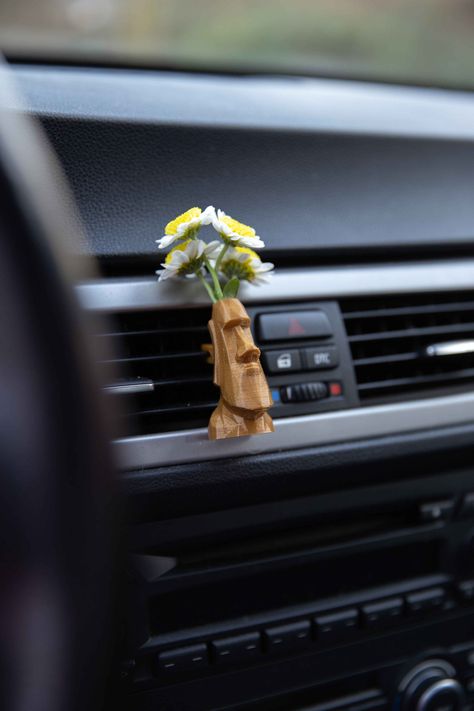 Mini vase car accessory for car air vent / bio based / natural air freshener / zero waste / perfect gift - The Moai - by NewAntheia on Etsy Car Vase, Galaxy Car, Boho Car Accessories, Gold Car, Orange Car, Natural Air Freshener, Purple Car, Grey Car, Silver Car