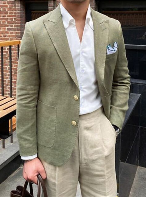 Mens Summer Blazer Outfit, Outdoor Groomsmen Attire, Garden Wedding Attire Men, Green Casual Suit Men, Garden Casual Wedding Guest Attire Men, Men Spring Wedding Guest, Mens Summer Suits Wedding, Garden Cocktail Attire Wedding Men, Garden Party Mens Attire