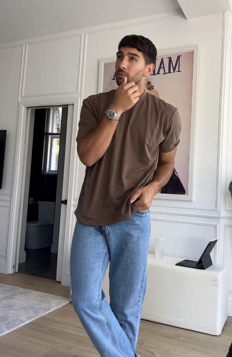 Brown Shirt With Blue Jeans, T Shirt With Jeans Outfits Men, Polo Shirt Jeans Outfit Men, Blue Jeans Black Top Outfit Men, Blue Jeans Outfit Men Summer, Beige T Shirt Outfit Men, Brown Polo Shirt Men Outfit, Brown Shirt Aesthetic, Polo Tshirt Men Outfit Casual