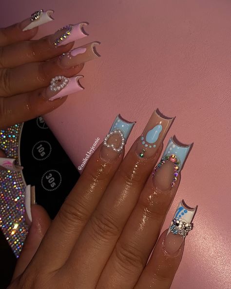 Gender reveal freestyle👶🏻🩵💕 . . . Dm to book!💖 @nailed.byjennie #longnails #genderrevealnails #babyshowernails #blingnails #frenchnails #nailart #nailsofinstagram #viralnails #viralpost #nailsofinstagram #fresnonails #fresnonailtech #explorepage Boy Baby Shower Nails, Gender Reveal Nails Ideas, Reveal Nails, Gender Reveal Nails, Baby Shower Nails, Colored Acrylic, Colored Acrylic Nails, Bling Nails, Best Acrylic Nails