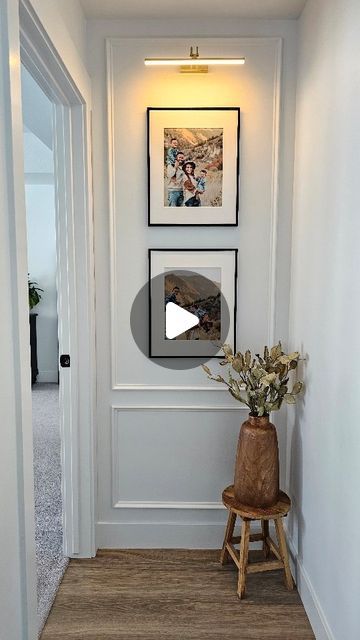 Andria Garcia Designs on Instagram: "Empty hallway?   Try this!   We added picture frame molding to our hallway, and it instantly elevated the space!   Large matted family pictures and my favorite battery-powered picture light from Amazon topped off the space ✨️  2 WAYS TO SHOP ⬇️  1. Click the link in my bio [Shop my home - LTK] 2. Click the link in my bio [My Amazon storefront]  ✨️FOLLOW @andriagarciadesigns for more easy DIY's and Interior Design Inspo  . . . #interiordesign #interiordesigner #organicmodern #homedesign #homedecor #pictureframemolding #livingroominspo #stylewithme #currenthomeview #cozyinteriors #modernclassic #homestyling #homedecorideas #collectedhome #designinspo #neutralhomedecor #neutralhome #homeinspo #picturelight #hallwaystyling #diyprojects #homeinteriors #inter Picture Frame Hallway, Picture Frame Moulding Hallway, Hallway Pictures With Picture Lights, Corridor Picture Frames, Hallway Gallery Wall With Lights, Living Room Decor Indian, Living Room Decor Brown Couch, Princess Room Decor, Living Room Decor Curtains