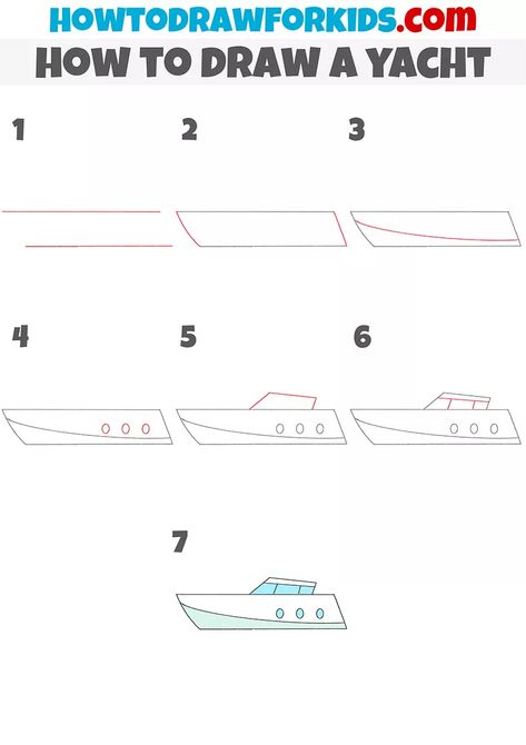 How to Draw a Yacht Step by Step - Easy Drawing Tutorial For Kids Yacht Drawing, How To Draw A Boat, Learn To Sketch, Easy Drawing Steps, Boat Drawing, Directed Drawing, Drawing Tutorials For Kids, Easy Drawings For Kids, Boat Art