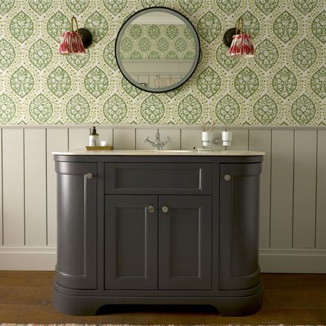 Curved Worktop, Vanity Units Uk, Curved Vanity, Blue Bathroom Furniture, Heritage Bathroom, Freestanding Vanity Unit, Traditional Bathroom Vanity, Glass Theme, Victorian Bathroom