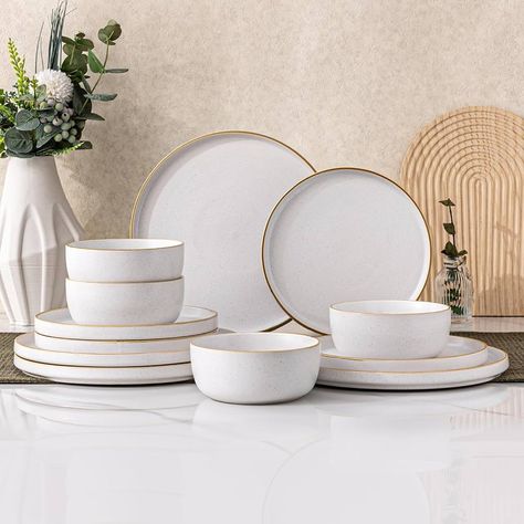 Amazon.com | AmorArc Stoneware Dinnerware Sets of 4,Reactive Ceramic Plates and Bowls Set,Highly Chip and Crack Resistant | Dishwasher & Microwave Safe | Round Dishes Set Service for 4 (12pc)-Matte White: Dinnerware Sets White Dinnerware Sets, Plates And Bowls Set, Table Ware, Stoneware Dinnerware Sets, White Dinnerware, Stoneware Dinnerware, Dish Sets, Dinnerware Set, Ceramic Plates