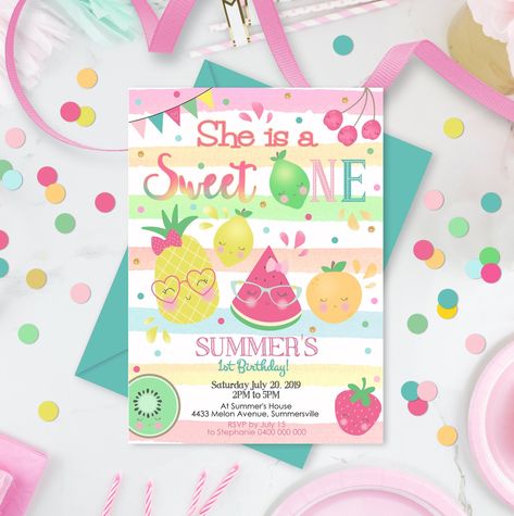 Summer 1st Birthday, Fruit Birthday, Fiesta Tropical, Twins 1st Birthdays, Unicorn Party Decorations, Fun Invitations, Fruit Party, Flamingo Birthday, 1st Birthday Invitation