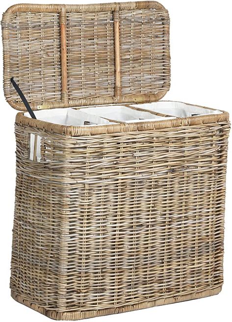 Amazon.com: The Basket Lady 3-Compartment Wicker Laundry Sorter Hamper, 30 in L x 15 in W x 28 in H, Serene Grey: Home & Kitchen Laundry Sorter Hamper, White Laundry Basket, Basket Furniture, Wicker Wall Decor, Wicker Laundry Hamper, Double Laundry Hamper, Baskets Ideas, Basket Laundry, Laundry Cart