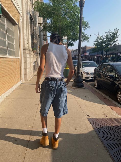 Timberland Boots Streetwear, Timberland Boots Outfit Jorts, Timbs Outfit Men Summer, Timberland Summer Outfits, Mens Wife Beater Outfit, White Beater Outfit, White Timberlands Outfit, Timberland Boots Outfit Summer, Durag Outfit