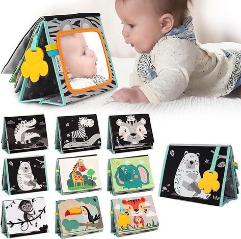 Amazon.com: TINITIGIES Tummy Time Mirror for Babies - High Contrast Book with Large Stimulating Baby Safe Mirror & Silicone Teether & Crinkle Pages - Perfect Tummy Time Toys for Babies 0 3 6 9 Months : Toys & Games Tummy Time Toys, Baby Mirror, Baby Montessori, Toys For Babies, Silicone Teether, Visual Development, Baby Registry, Baby Safe, Tummy Time