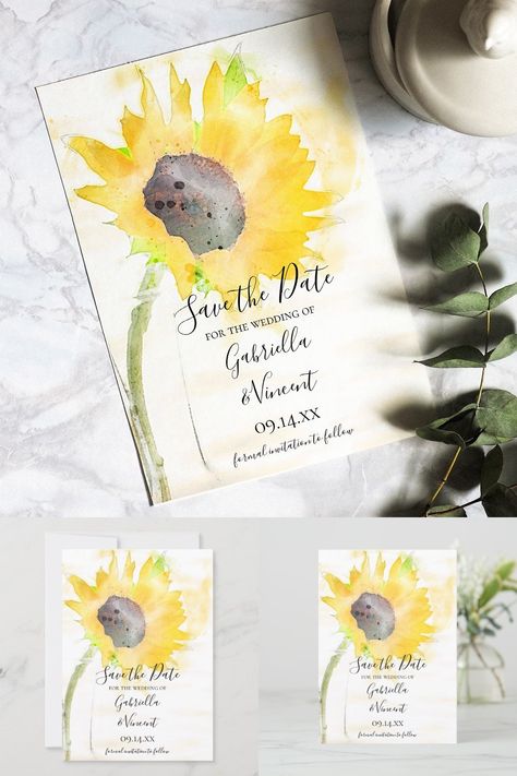 The pretty Yellow Sunflower on White Watercolor Wedding Save the Date Announcement Card sets the tone for your summer or fall marriage ceremony and reception. This elegant custom flowery nuptial keep the date announcement features a digitally painted floral photograph of a yellow sunflower blossom on a green stem in a glass vase with a white background. #sunflowerweddinginspo Sunflower Save The Date Ideas, Sunflower Save The Date, Marriage Reception, Sunflower Themed Wedding, Pretty Yellow, White Watercolor, Mom Wedding, Thank You Note Cards, Happy Flowers