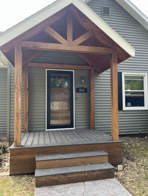 Bilevel Porch Ideas, Front Porch Peak Ideas, Front Porch Uncovered, Small Front Porch Remodel Ideas, Adding Covered Porch To Front Of House, Small Porch Remodel, Small Mobile Home Porch Ideas, Inexpensive Porch Ideas, Front Wood Porch