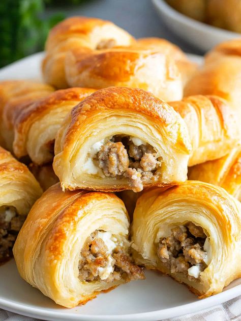 Sausage and Cream Cheese Crescents Sausage And Cream Cheese Crescent Rolls, Sausage Cream Cheese Crescent Rolls, Cheese Crescent Roll Recipes, Sausage And Cream Cheese, Crescent Rolls Recipe, Puff Pastry Recipes Savory, Sausage Cream Cheese, Crescent Bake, Sausage Appetizers