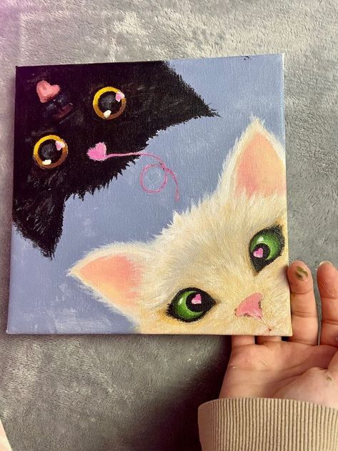 Cute Simple Cat Paintings, Painting Ideas Cat Easy, Cat Drawing Canvas, Cottage Core Painting Ideas On Canvas, Painting Ideas Asthetics Indie, Mini Canvas Art Cat, Cats Painting Easy, Painting Ideas On Canvas Valentines Day, Painting Ideas On Canvas Cat