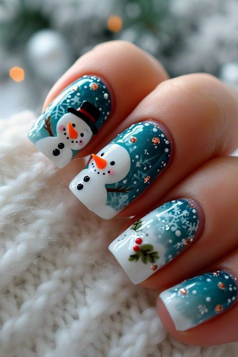 Cute Spring Gel Nails, Snowman Nail Designs, White Winter Nails, Spring Gel Nails, Simple Snowman, Snowman Nail, Snowman Nail Art, Nude Nail Art, Nail Polish Art Designs