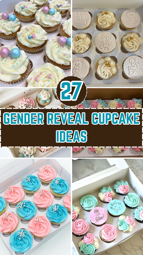 Gender Reveal Cupcakes Gender Reveal Desserts Treats, Cupcakes Gender Reveal Ideas, Gender Reveal Cupcake Ideas Simple, Diy Gender Reveal Cupcakes, Gender Reveal Ideas Cupcakes, Gender Reveal Cupcakes Ideas, Cupcake Gender Reveal Ideas, Gender Reveal Dessert Ideas, Gender Reveal Cupcake Ideas