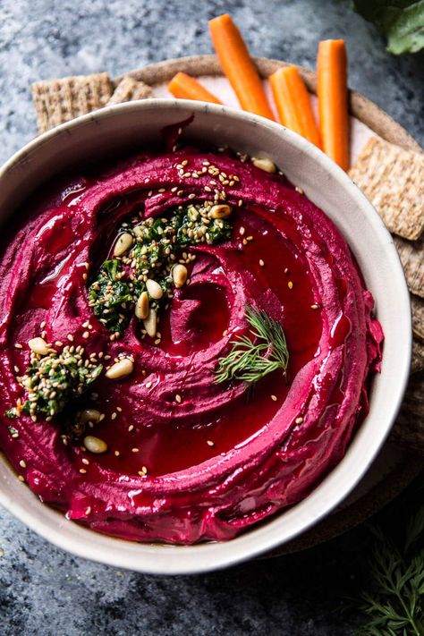 Creamy Hummus Recipe, Beet Hummus Recipe, Roasted Beet Hummus, Green Pesto, Beet Hummus, Beet Recipes, Beet Greens, Half Baked, Roasted Beets