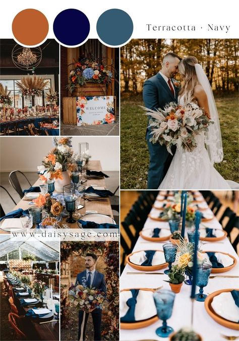 Terracotta and Navy Blue Wedding Color Palette Idea 2024 Wedding Colors Fall, Weddings With Blue Color Schemes, Blue White And Terracotta Wedding, Blue And Orange Wedding Table Settings, Burnt Sienna And Dusty Blue Wedding, Navy Summer Wedding Color Schemes, Teal Terracotta Wedding, Burnt Orange Navy Blue Wedding, Navy Terracotta Wedding