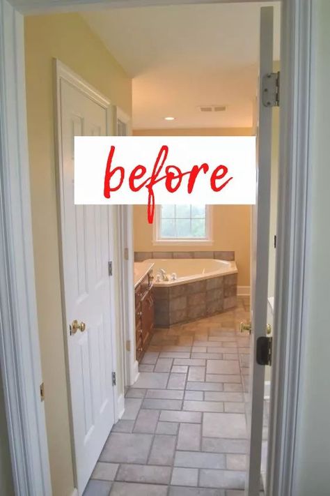 This old bathroom update is truly inspiring. See how she changed the layout, new tile floor, granite vanity top and new paint for this before and after bathroom renovation DIY. Corner Tub Decor, Corner Tub Remodel, Garden Tub Makeover, Corner Tub Master Bath, Tub Decor Master Bath, Tile Around Tub, Corner Garden Tub, Makeover Kamar Mandi, Painting Bathroom Tiles