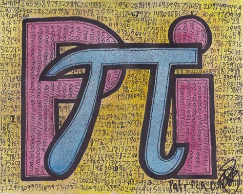 PI.  Happy PI Day.  This is a collaboration piece between me and my son.  water color, ink, pencil, and spray paint.  And we have PI in three forms: art, numbers, and binary. Pi Day Drawings, Pi Number Art, Pi Projects Math, Pi Day Projects, Pi Day Art, Pi Wallpaper, Pi Aesthetic, Pi Math Art, Math Solving