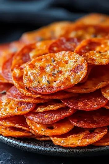 Pepperoni Cheese Crisps Recipe - MmmRecipes : Easy and Delicious Recipes Easy Pepperoni Recipes, Appetizers Using Pepperoni, Homemade Parmesan Crisps, Provolone Cheese Crisps, Easy Cold Finger Foods For Party, Homemade Appetizers Easy, Pepperoni And Cheese Crisps, Baked Pepperoni Chips, Pepperoni Cheese Crisps