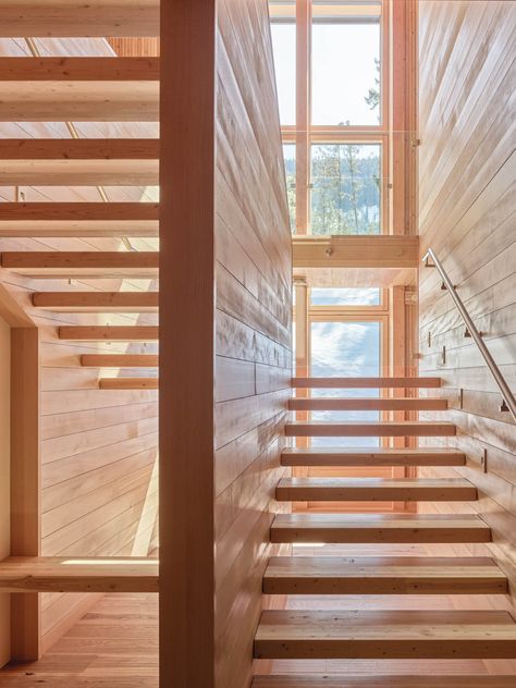 An Off-Grid Retreat Has Lofty Sustainability Goals - Metropolis House Of The Future, Mass Timber, Sea To Sky Highway, Heat Recovery Ventilation, Staircase Handrail, Timber Architecture, Wood Railing, Timber Buildings, Radiant Floor