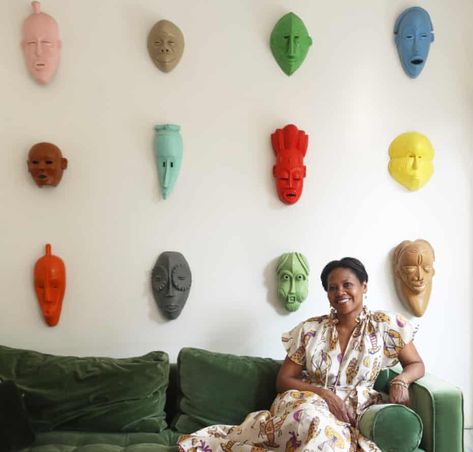 African express: an art collector’s colourful home | Life and style | The Guardian Wall Behind Sofa, African Interior Design, Colourful Home, African Interior, Maximalist Design, African Wall Art, Geometric Cushions, Bright Fabrics, Victorian Home