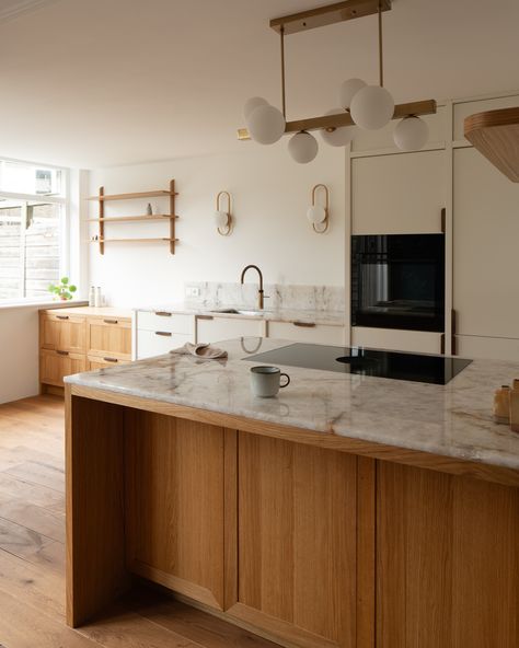 Warm Oak, brass and Crystal Ice Quartzite | Home Treehouse Kitchen, Peaceful Kitchen, Crystal Ice, White Carrara Marble, Handmade Kitchens, Carrara Marble, Kitchen In, White Oak, White Marble