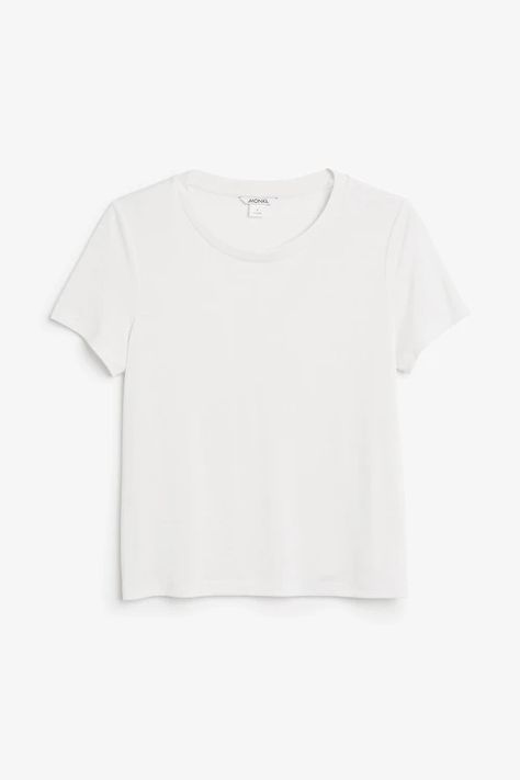 Super-soft tee - Wondrous white - Tops - Monki GB White Undershirt Outfits, Undershirt Outfit, Semi Cropped, Trouser Outfits, Boat Neck Tops, Cropped Tee, Spring Looks, Comfy Tees, White Tops