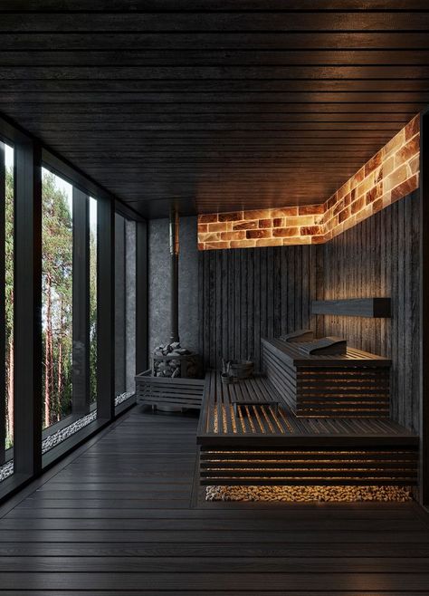 Commercial Sauna Design, Black Sauna Interior Design, Sauna Design Modern, Indoor Sauna Ideas Home, Sauna Interior Design, Spa Shower Ideas, Sauna Inspiration, Modern Saunas, Sauna Ideas