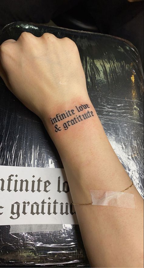 Gothic Tattoo Ideas Beautiful, Stacked Word Tattoo, Limerence Tattoos, Gratitude Tattoo Men, Gratitude Tattoos, Tattoo Fonts Men, Love And Gratitude Tattoo, Gothic Tattoo Writing, Writing On Hand Tattoo