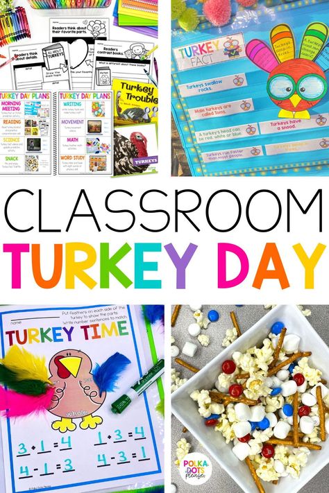 Looking to add some turkey fun to your fall lesson plans? How about Turkey Day. This turkey-themed day is filled with learning activities for reading, writing, math, science & more. You can do them all in one day or spread them out during November. Perfect for your primary classroom in the days leading up to Thanksgiving break. Great for kindergarten, 1st & 2nd grade teachers or homeschooling parents. This blog post gives you all the details and resources you need to plan your own Turkey Day. Thanksgiving Theme Days For School, Thanksgiving Activities For 1st Grade, Thanksgiving Activities For 2nd Grade, Thanksgiving Activities For First Grade, Thanksgiving 1st Grade Activities, 1st Grade Thanksgiving, Thanksgiving Activities 2nd Grade, Turkey Learning Activities, Thanksgiving 1st Grade