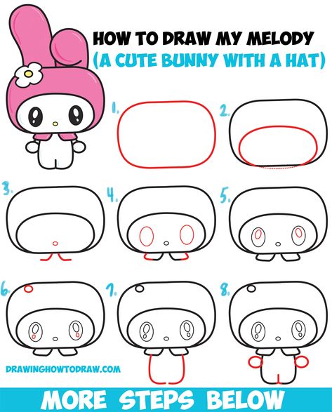 Learn How to Draw Kawaii / Chibi My Melody from Hello Kitty : A Cute Bunny with a Hood on - Easy Steps Drawing Lesson for Kids How To Draw My Melody, Cute Images To Draw, Art Videos For Kids, Melody Hello Kitty, Drawing Lessons For Kids, Kitty Drawing, Hello Kitty Drawing, Kawaii Doodles, Drawing Images