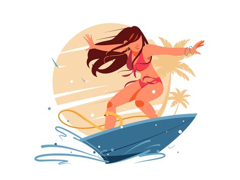 Young girl surfing on surfboard by Kit8 on Dribbble Surf Drawing, Surfer Art, Girl Surfing, Surf Painting, Woman Character, Flat Design Illustration, Surfboard Design, Surfer Girl Style, Girl Silhouette