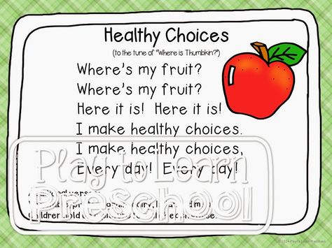 "Healthy Choices" Food Group song for circle time - Play to Learn Preschool Healthy Habits Preschool, Play To Learn Preschool, Preschool Food, Gym Nutrition, Nutrition Activities, Nutrition Month, Food Activities, Diet Healthy, Preschool Songs