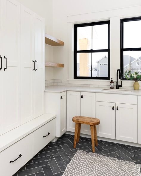 Lauren Smyth | Boise Interior Designer (@laurensmythdesign) • Instagram photos and videos Tile Flooring Laundry Room, Gray Herringbone Tile Floor, Cottage Style Mudroom, Gray Herringbone Floor, Herringbone Floor Tiles, Gray Herringbone Tile, Laundry Mudroom Combo, Laundry Room And Mudroom, Laundry Room Inspo