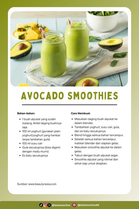 Butuh dorongan energi yang sehat? Avocado smoothies adalah pilihan tepat! Kaya akan lemak sehat dan vitamin, minuman ini tidak hanya mengenyangkan, tapi juga membantu meningkatkan kesehatan kulit dan otak.  Selamat mencoba! #KreasiCanvaPinterest Fruit Logo Design, Resep Smoothie, Fruit Logo, Avocado Smoothie, Avocado, Recipes To Cook, Juice, Cooking Recipes, Logo Design